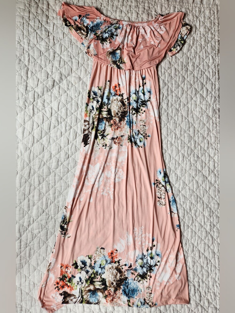 Jardin By Macris Peach Floral Off-Shoulder Maxi Dress